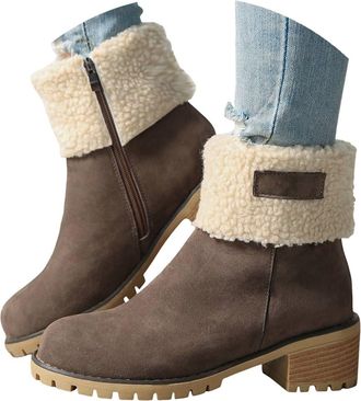 Generic 2025 Womens Winter Boots - Round Toe Snow Ankle Fur Lined Booties with Side Zipper & Chunky Heel - Comfortable Suede(Khaki,6.5)
