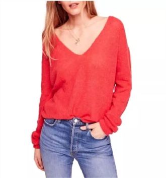 Free People Gossamer V-Neck Sweater Coral Light Knit Pullover In Red