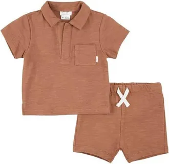 Petit Lem Brick Beach Organic Cotton Polo & Shorts Set in Dark Orange at Nordstrom, Size 24M