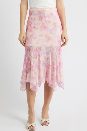All in Favor Floral Chiffon Handkerchief Midi Skirt in Pink Floral at Nordstrom, Size X-Small