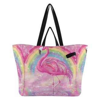 Generic Rainbow Flamingo Rainbow pattern Reusable Canvas Tote Bag, Heavy Duty Grocery Shopping Bag with Double Handles Large Capacity Hard Bottom Work Groceri