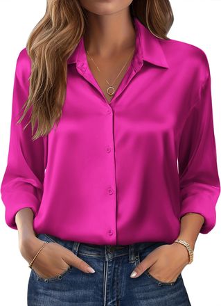 Zeagoo Ladies Silk Blouse Elegant V-Neck Satin Shirt Suitable for Casual Spring Days Long Sleeve Shirt in Basic Autumn Dark Pink M