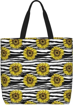 Generic Women Handbag Sunflower Pattern Black And White Stripes Ladies Shopping Shoulder Bag Reusable Waterproof Shopping Bags, For Daily, Holiday, Graduation
