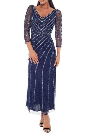 OLEG CASSINI Sequin V-Neck Three-Quarter Sleeve Dress in Navy at Nordstrom Rack, Size X-Large