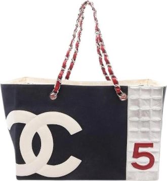 Chanel Pre-owned No. 5 Canvas Leather Tote Bag - Dames - Vintage Shopper - Blauw - ONE Size - Leer - Vintage