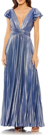 Mac Duggal Pleated Metallic Gown with Ruffle Sleeves and Waist Cutout in Blue at Nordstrom, Size 10