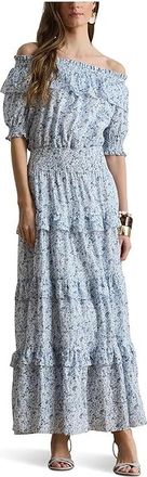 Lauren Ralph Lauren Floral Voile Off-The-Shoulder Dress Womens Dress White/Blue : 14, Cotton
