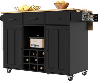 STILVORA Carrello Da Cucina Con 3 Cassetti, 2 Ante, Piano Pieghevole, Portasciugamani E Portaspezie, In Mdf, 104x39,5x91,5 Cm, Nero