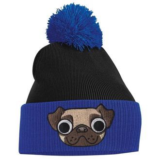 Bang Tidy Clothing Womens Pom Pom Beanie - Pug Puppy Dog - Royal Blue and Black