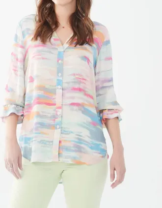 FDJ Starla Slit Detail Three Quarter Sleeve Crepe Shirt In Pink Multi