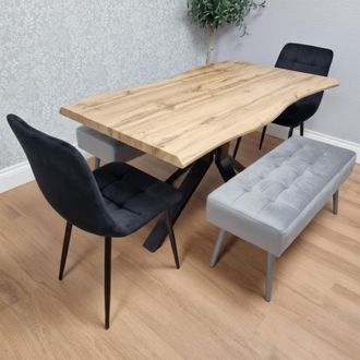Kosy Koala Wooden Dining Table with 2 Black Velvet Chairs & Grey Padded Benches, Dining Room Furniture in Brown