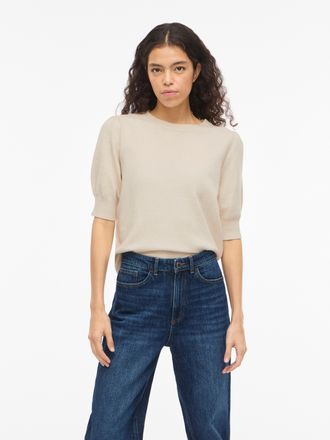 Vila Strickpullover VILA VIRIL 2/4 SLEEVE O-NECK KNIT TOP - NOOS, Damen, Gr. XXL, super light natural melan, Strick, Obermaterial: 50% Viskose, 28% Polyest