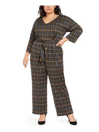 NY Collection Womens Plus Jumpsuit Tie Front V Neck Black Size 1X