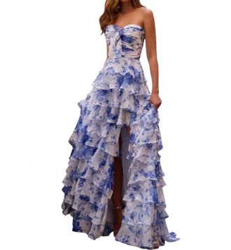 Sherri Hill Chiffon Strapless Ruffle Gown With Slit In Floral