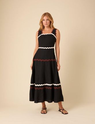 Nobody's Child Black Linen-blend Contrast Trim Acacia Midi Dress
