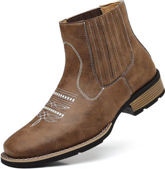 Generic Mens Western Cowboy Boots PU Leather Ankle Chelsea Boots Slip-On Embroidered Round Toe Retro Ranch Riding Classic Durable Casual Dress Fashion Footwea