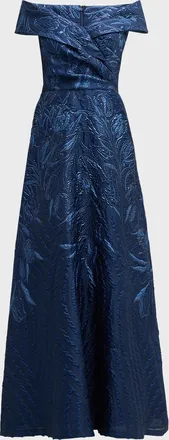 Teri Jon Off-Shoulder Metallic Jacquard Gown
