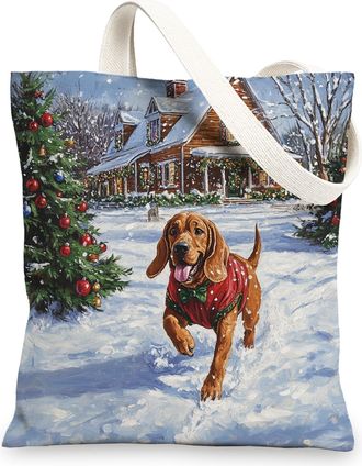 Generic Christmas Bloodhound Dog Canvas Tote Bag for Shopping 13x15, Winter Snow Xmas Puppy Reusable Grocery Print Bag for Women, Holiday Pet Beach Aesthetic 