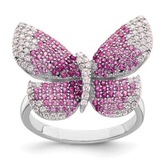 Diamond2Deal Sterling Silver Rhodium-plated Polished Pink Cubic Zirconia Butterfly Ring