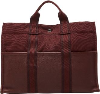 Herm&egrave;s Bordeaux Red Color Wine Canvas Leather Handbag Tote Bag (Pre-Owned)