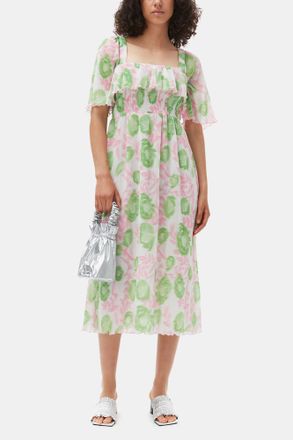 Ganni Pleated Georgette Midi Smock Dress - Size 32 Pink