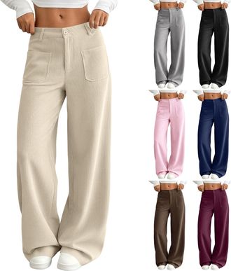 Generic Womens High Waist Wide Leg Pants Solid Colour Straight Fit Long Trousers with Front Pockets Button Closure Casual Everyday Style
