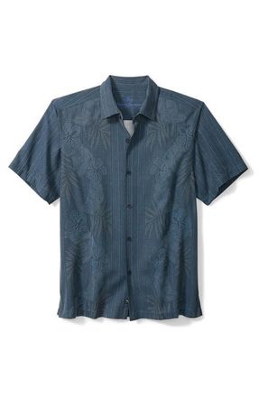 Tommy Bahama Bali Border Floral Jacquard Short Sleeve Silk Button-Up Shirt in Navy at Nordstrom, Size Large