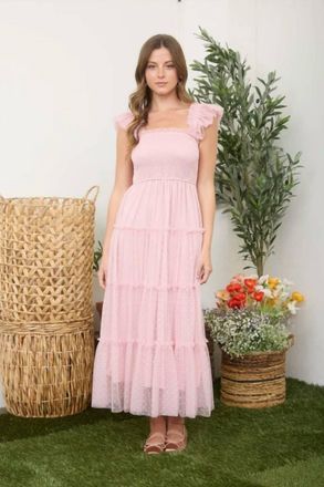 Blu Pepper Polka Dot Chiffon Smocked Tiered Midi Dress In Pink