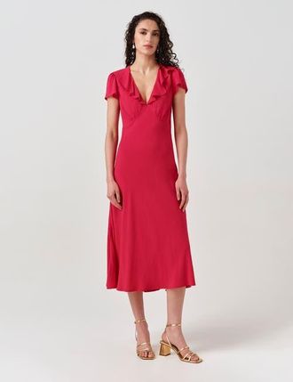 Ghost London Kimmy Frill Neck Crepe Midi Dress in Hot Pink at Nordstrom, Size 10
