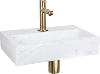 Differnz Flat fonteinset - 38x24x8cm - Rechthoek - 1 kraangat - Recht matte goude kraan - Marmer Wit