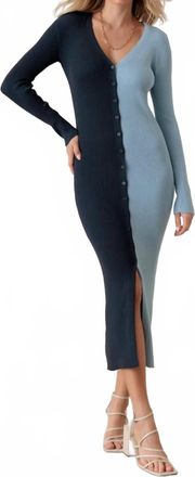 Mustard Seed Brooke Ribbed Two Tone Button Down V-Neck Knit Maxi Dress In Blue