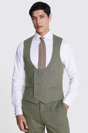 Moss Slim Fit Sage Herringbone Tweed Waistcoat
