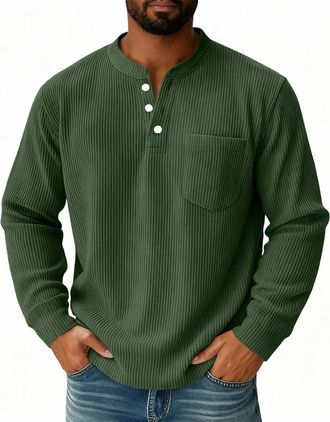Generic Corduroy shirts Henley collar Mens Waffle Sweatshirt with Pocket V-Neck Button Up Flap Pockets Everyday Wear Versatile Wrinkle-Free Light Green 3XL