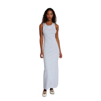 Munthe Zachtblauwe Geribbelde Jurk met Embleem - Dames - Jurken - Blauw - Maat: XS Katoen