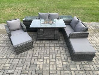 Fimous Outdoor Sofa Rattan Garden Furniture Set Patio Gas Fire Pit Dining Table & Reclining Chair set with 2 Side Tables 2 Big Footstool in Dark Grey