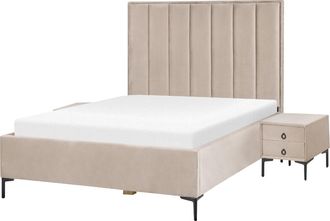 Beliani Conjunto De Dormitorio Moderno Cama 140 X 200 Cm Dos Mesitas De Noche Tapizado Terciopelo Gris Pardo Sezanne