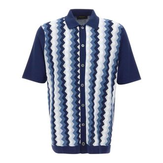 Gran Sasso Chevron Jacquard Knit Shirt - male - Gran Sasso - Short Sleeve Shirts - Blue - 2XL - Shirts