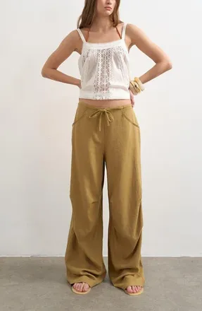 Topshop Wide Leg Linen & Cotton Utility Pants in Tan at Nordstrom, Size 14 Us