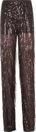 Federica Tosi Brown Sequin Fringe Elastic Waist Straight-Leg Pants