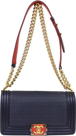Chanel Boy Flap Cube Embossed Lambskin Navy Leather Handbag (Pre-Owned)