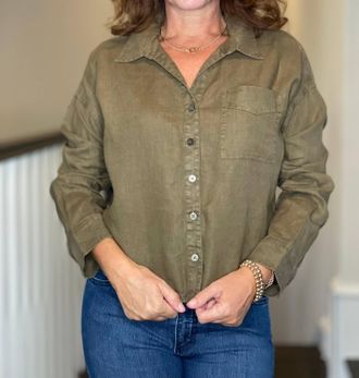 Michael Stars Gracie Cropped Linen Shirt In Olive