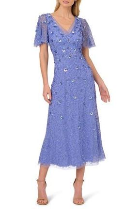 Adrianna Papell Beaded Mesh Flutter Sleeve Cocktail Dress in Peri Blue at Nordstrom Rack, Size 6