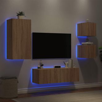 vidaXL Muebles De Tv De Pared Con Luces Led 4 Piezas Roble Sonoma Vidaxl