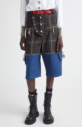 Chopova Lowena Tartan Extension Shorts with Detachable Denim Panels in Blue And Green Multi at Nordstrom, Size X-Small