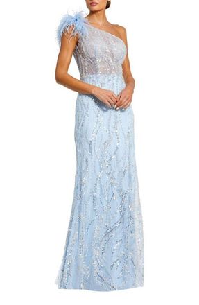 Mac Duggal Feathered One Shoulder Embroidered Applique Gown in Powder Blue at Nordstrom, Size 10