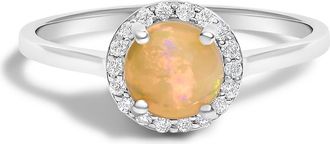 House of Brilliance 10K Gold Gemstone and 1/10 Cttw Diamond Halo Birthstone Ring in White | Multi Opal at Nordstrom, Size 6.5