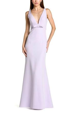 Mac Duggal Crepe Sleeveless V Neck Sheath Gown With Bow in Lilac at Nordstrom, Size 14
