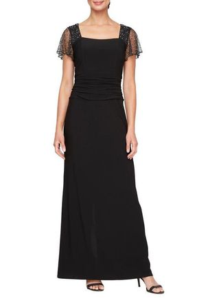 S.L. Fashions Ruched Beaded Flutter Sleeve Column Gown in Black at Nordstrom, Size 16