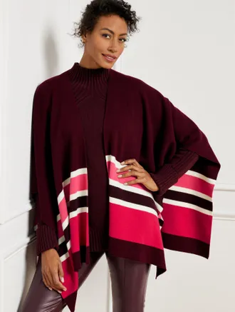 Talbots Colorblock Knit Ruana - Rich Burgundy Multi - 001 Talbots