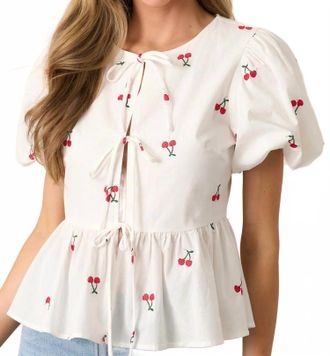 Flying Tomato Cherry Me Embroidered Cotton Top In Ivory
